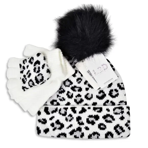 New! Love2Design Girls (4-6) Cheetah Knit Faux Fur Pom Hat and Gloves Set - Picture 2 of 3